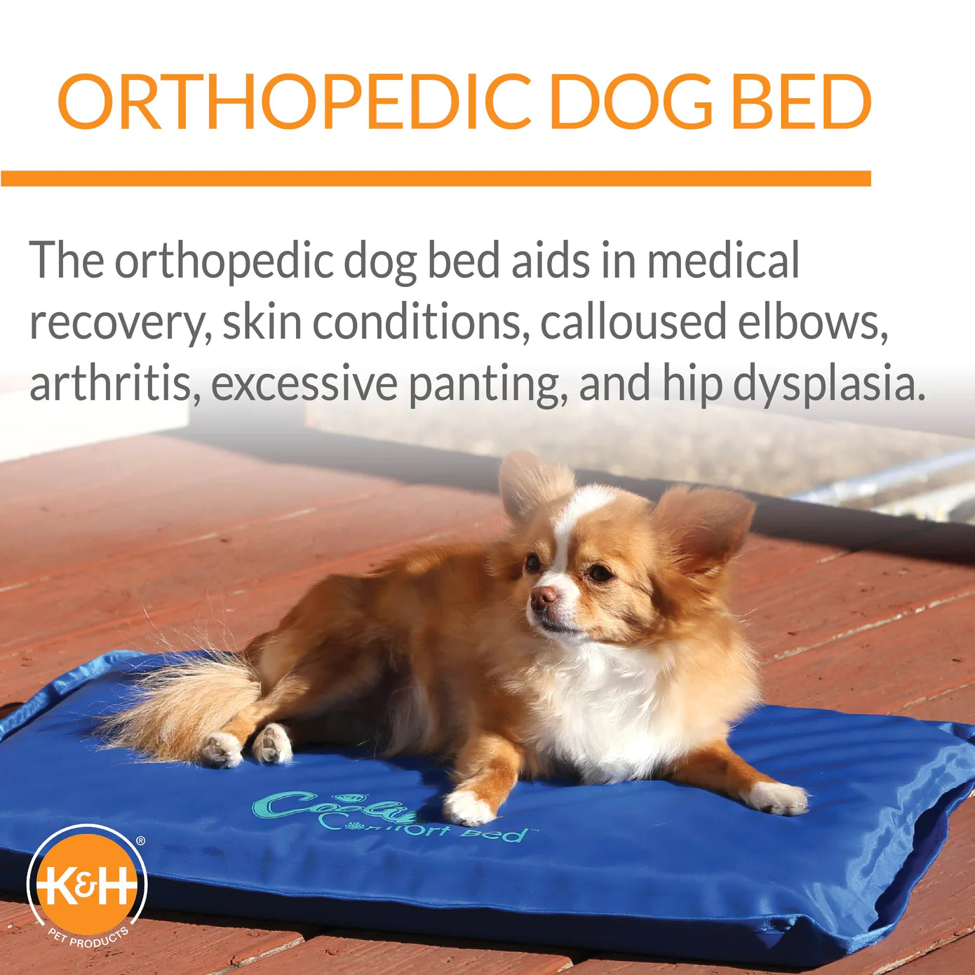 An image demonstrating the orthopedic functions of the K & H Coolin Comfort Bed, emphasizing pressure relief and joint support for pets.
