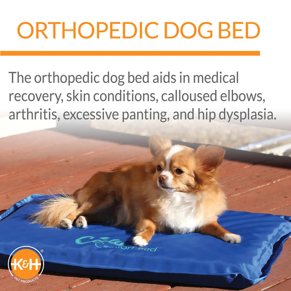 An image demonstrating the orthopedic functions of the K & H Coolin Comfort Bed, emphasizing pressure relief and joint support for pets.