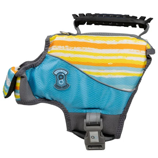 Side view of the Goo-eez CoolTek Dog Life Vest in blue and multicolour, featuring reflective accents, adjustable straps, and high buoyancy foam for cooling comfort and water safety.