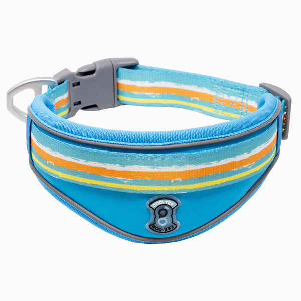 Front view of Goo-eez CoolTek Light Blue/Multicolored Cooling Dog Bandana showcasing breathable cooling fabric that helps regulate your dog’s body temperature while adding summer-ready style.