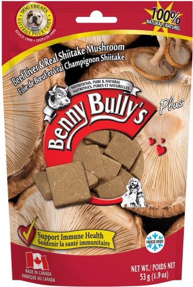 An image showing the front of the bag of Benny Bully Beef Liver & Shiitake Mushroom Treats.