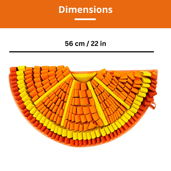 "Pawz N Dogz Tangy Orange Snuffle Mat size chart showing 22-inch diameter perfect for small to large dogs."