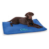 A happy dog lying comfortably on the K & H Coolin Comfort Bed, showcasing its cooling and soothing properties.