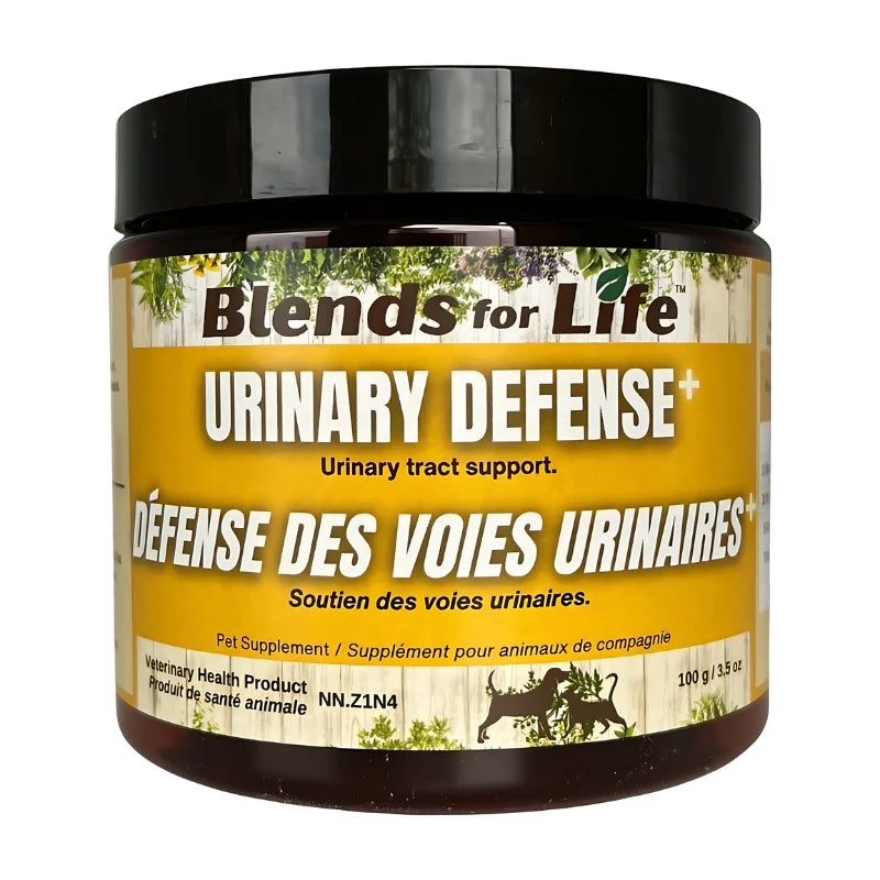 A close-up of the Blends for Life - Urinary Defense+ container, showcasing its natural urinary health benefits, anti-inflammatory properties, and UTI prevention support.