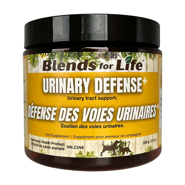 A close-up of the Blends for Life - Urinary Defense+ container, showcasing its natural urinary health benefits, anti-inflammatory properties, and UTI prevention support.