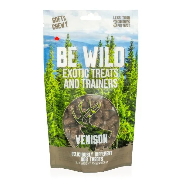 A bag of Be Wild Exotic Treats and Trainers - Venison, showcasing high-quality ingredients and nutritious, protein-rich training treats for dogs.