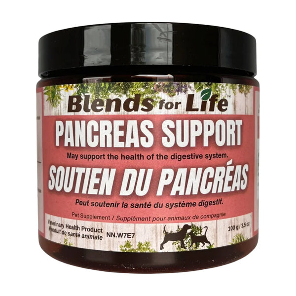 A close-up of Blends for Life - Pancreas Support packaging, highlighting its natural formula for digestive and pancreatic health.