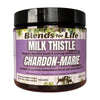 A close-up of Blends for Life - Milk Thistle packaging, highlighting liver support, detox benefits, and natural antioxidant properties.