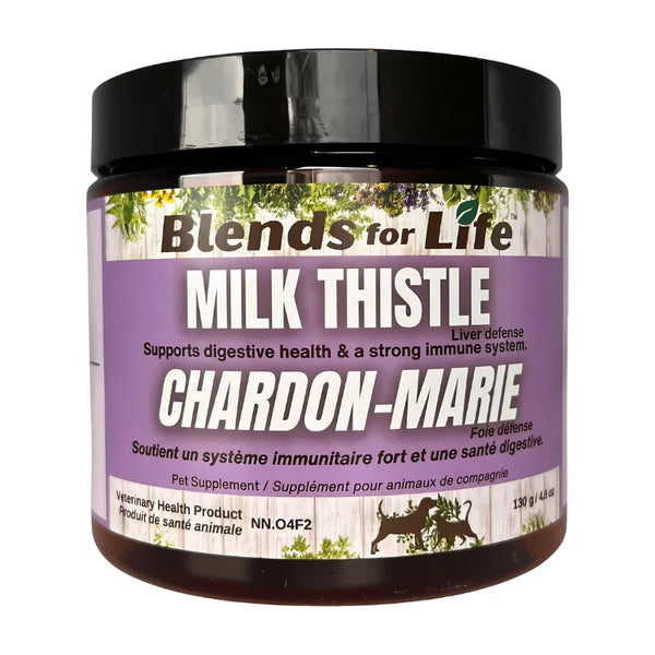 A close-up of Blends for Life - Milk Thistle packaging, highlighting liver support, detox benefits, and natural antioxidant properties.