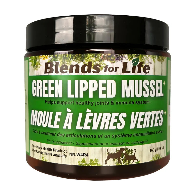 A close-up of Blends for Life - Green Lipped Mussel+ supplement container, highlighting its joint-supporting ingredients and omega-3 benefits.