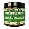 A close-up of Blends for Life - Green Lipped Mussel+ supplement container, highlighting its joint-supporting ingredients and omega-3 benefits.