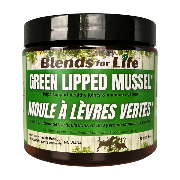 A close-up of Blends for Life - Green Lipped Mussel+ supplement container, highlighting its joint-supporting ingredients and omega-3 benefits.
