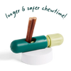 Close-up of The BullySafe securely holding a bully stick, preventing choking and extending chew time.