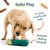 A happy puppy enjoying a bully stick safely held in The BullySafe, reducing choking risks on small ends.