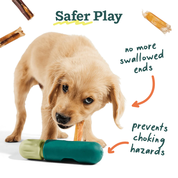 A happy puppy enjoying a bully stick safely held in The BullySafe, reducing choking risks on small ends.