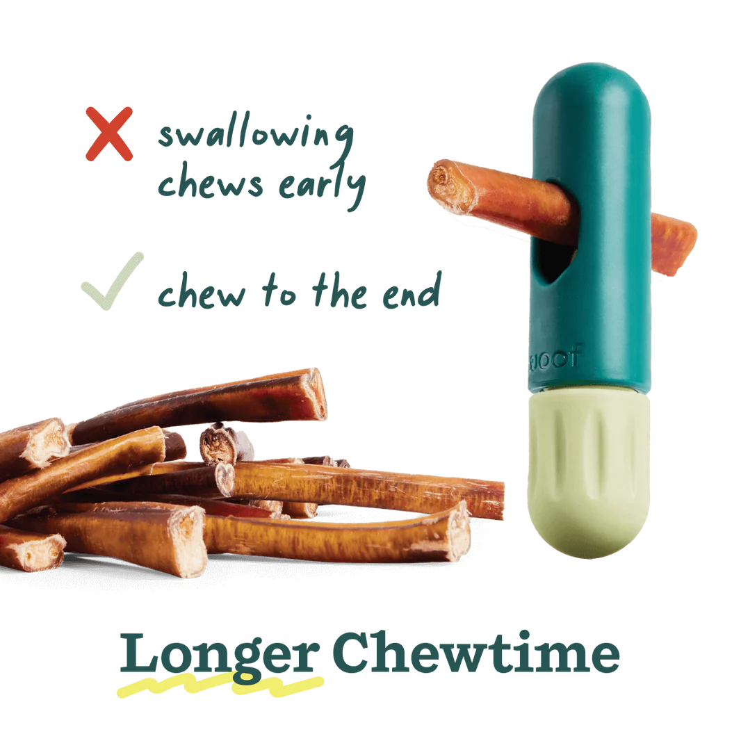 Bully stick secured in the center of The BullySafe, showing how it extends chew time and prevents waste.