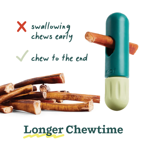 Bully stick secured in the center of The BullySafe, showing how it extends chew time and prevents waste.