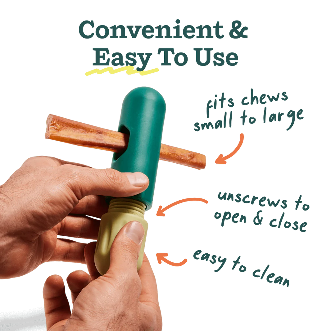 Demonstration of hands twisting a bully stick into The BullySafe, showcasing its adjustable fit for small to large chews.