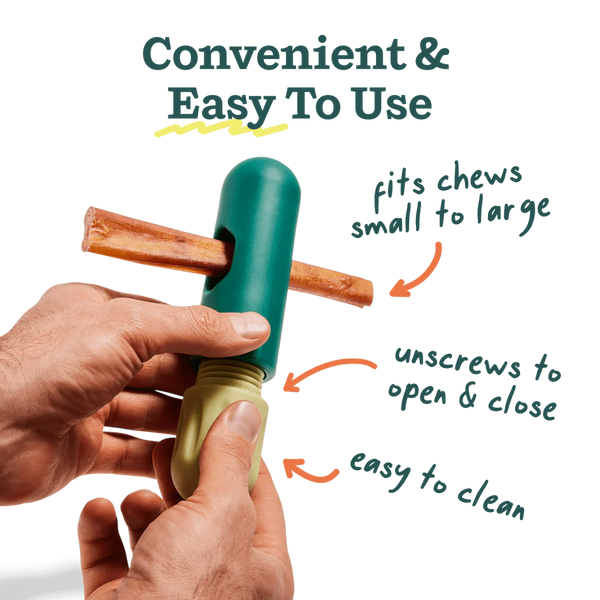 Demonstration of hands twisting a bully stick into The BullySafe, showcasing its adjustable fit for small to large chews.