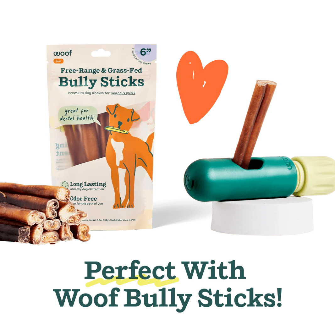 The BullySafe chew holder displayed alongside a package of Woof Bully Sticks, emphasizing its perfect fit for premium chews.