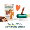 The BullySafe chew holder displayed alongside a package of Woof Bully Sticks, emphasizing its perfect fit for premium chews.