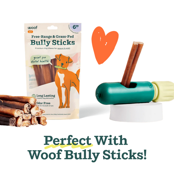 The BullySafe chew holder displayed alongside a package of Woof Bully Sticks, emphasizing its perfect fit for premium chews.