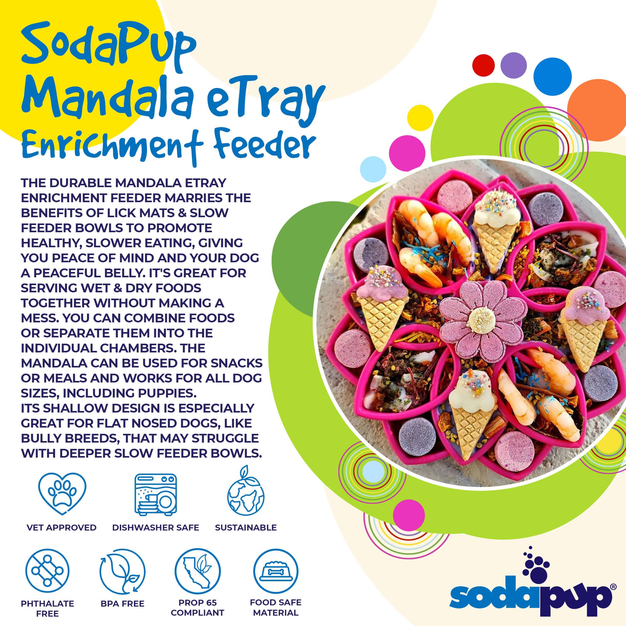 An image of the Soda Pup Mandala Slow Feeder filled with kibble, demonstrating how the intricate mandala design slows down eating, improves digestion, and enriches mealtime for dogs.