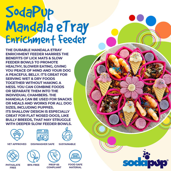 An image of the Soda Pup Mandala Slow Feeder filled with kibble, demonstrating how the intricate mandala design slows down eating, improves digestion, and enriches mealtime for dogs.