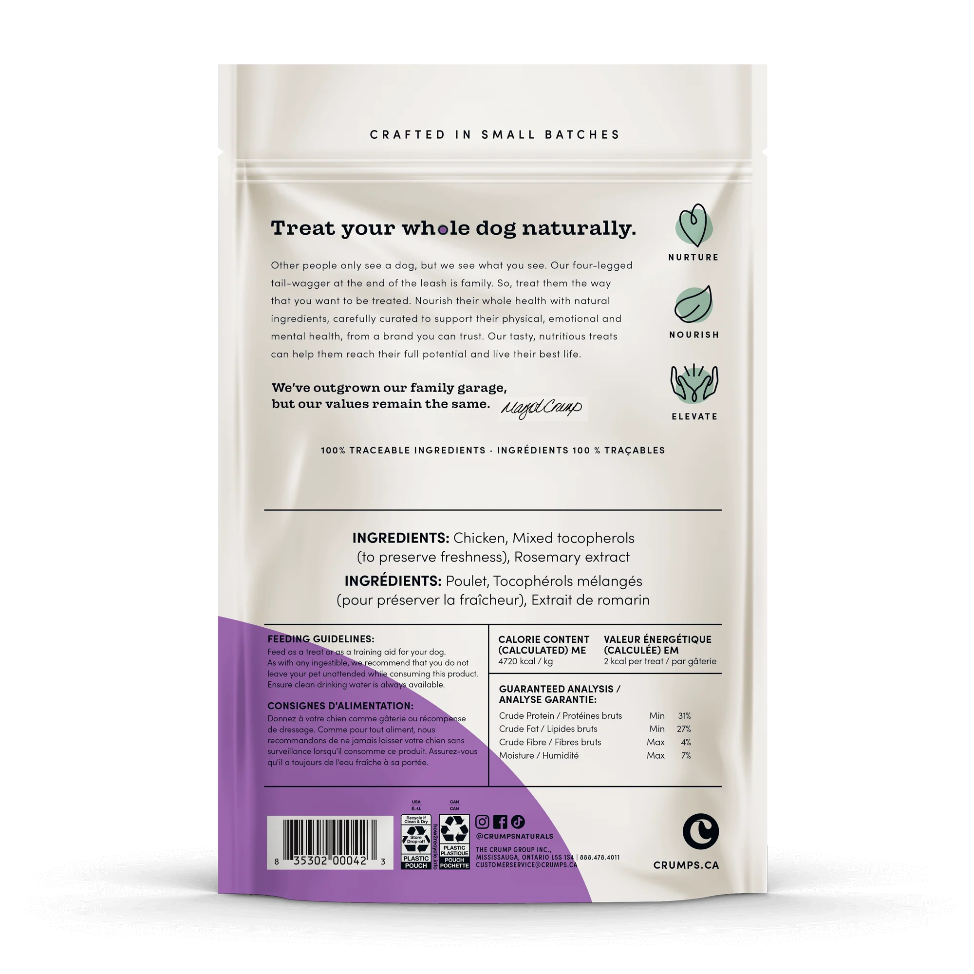 A detailed view of the ingredient list and guaranteed analysis, showcasing all-natural, single-ingredient treats with no fillers or preservatives.