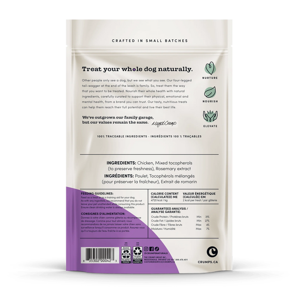 A detailed view of the ingredient list and guaranteed analysis, showcasing all-natural, single-ingredient treats with no fillers or preservatives.