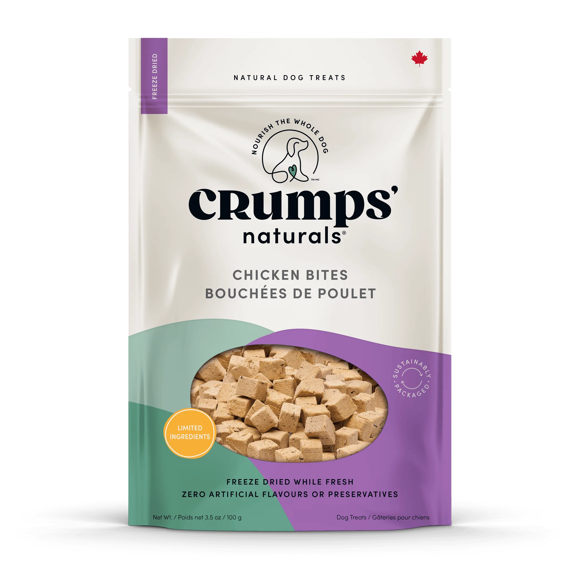 A clear image of Crumps' Chicken Bites packaging, highlighting 100% North American chicken, high-protein content, and no artificial additives.