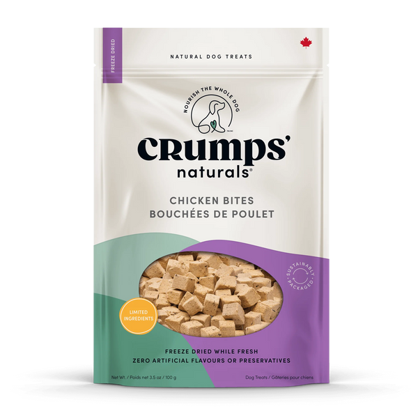 A clear image of Crumps' Chicken Bites packaging, highlighting 100% North American chicken, high-protein content, and no artificial additives.
