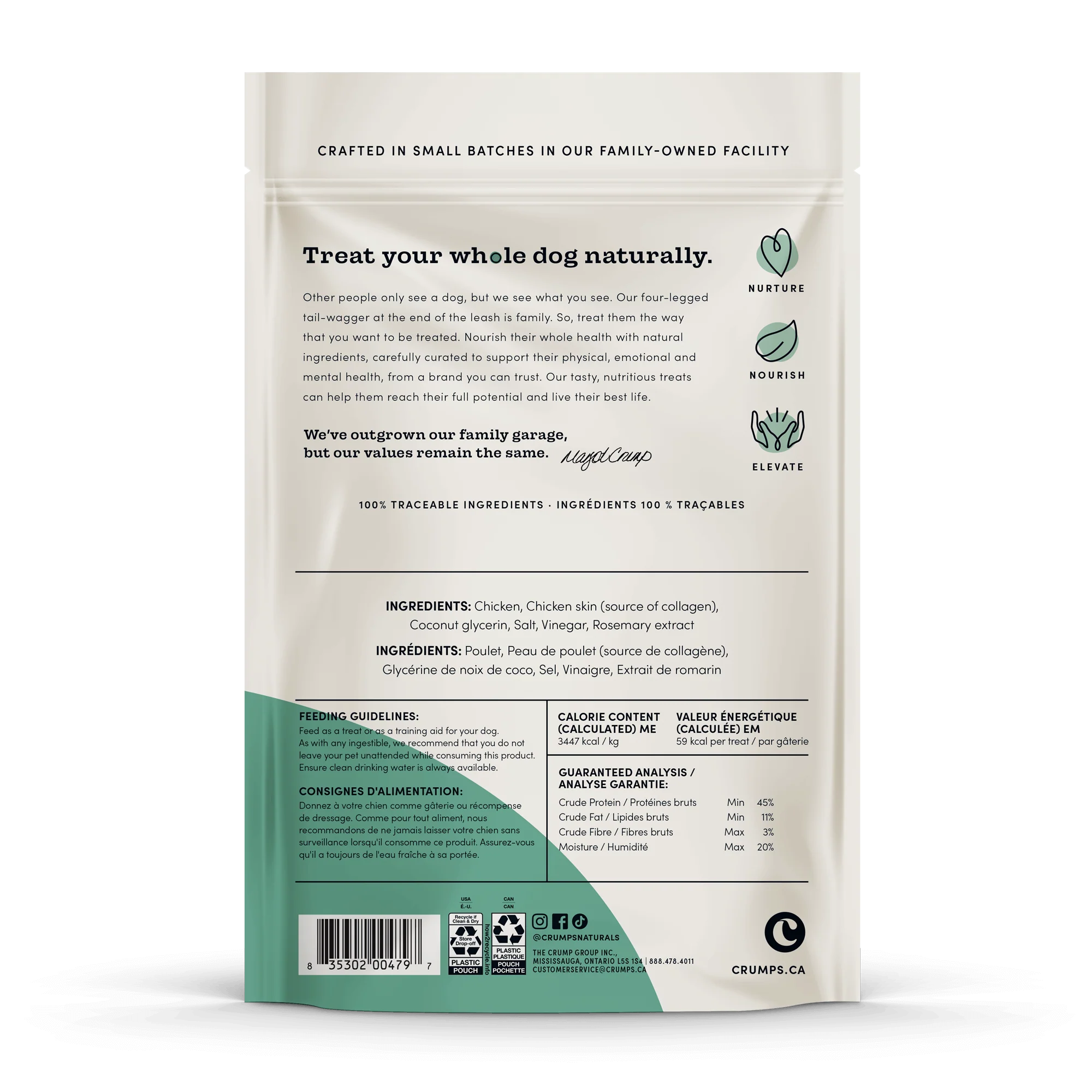 Detailed view of ingredients and guaranteed analysis, showcasing high protein, collagen-rich formula for joint, skin, and nail health.