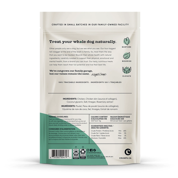 Detailed view of ingredients and guaranteed analysis, showcasing high protein, collagen-rich formula for joint, skin, and nail health.