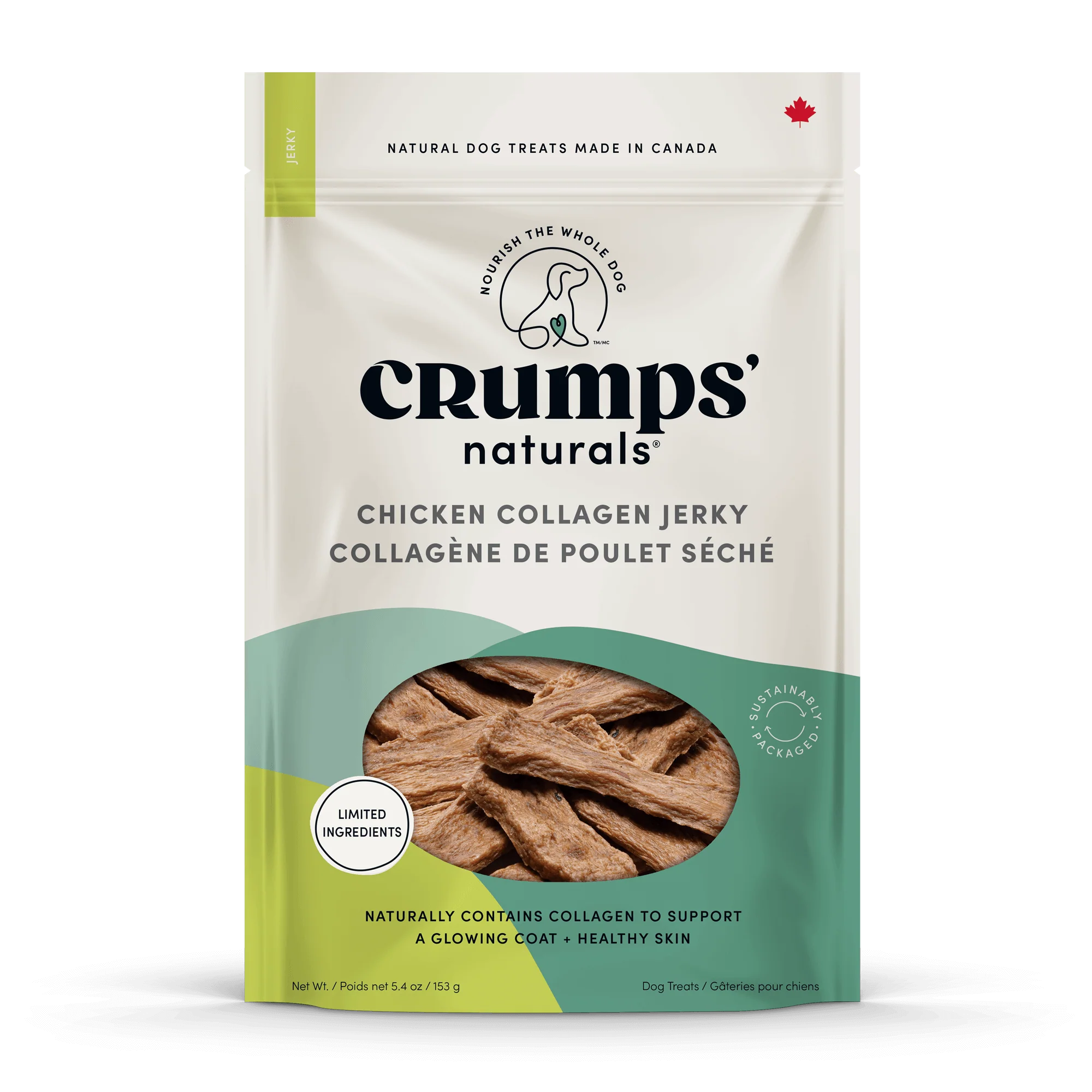 Crumps - Chicken Collagen Jerky packaging, highlighting 100% North American chicken, collagen benefits, and no artificial additives.
