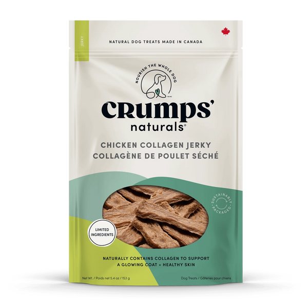 Crumps - Chicken Collagen Jerky packaging, highlighting 100% North American chicken, collagen benefits, and no artificial additives.
