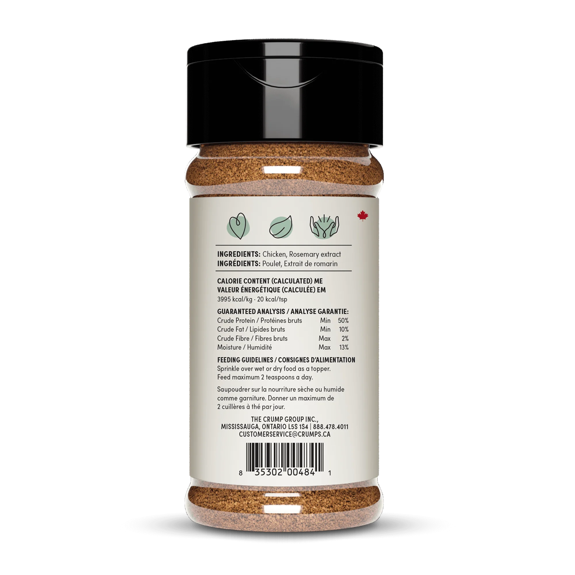 Detailed view of the ingredient list and guaranteed analysis, showcasing the single-ingredient, nutritious, and low-fat nature of this dog food topper.