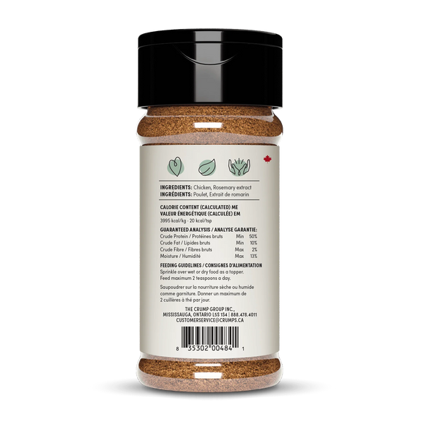 Detailed view of the ingredient list and guaranteed analysis, showcasing the single-ingredient, nutritious, and low-fat nature of this dog food topper.