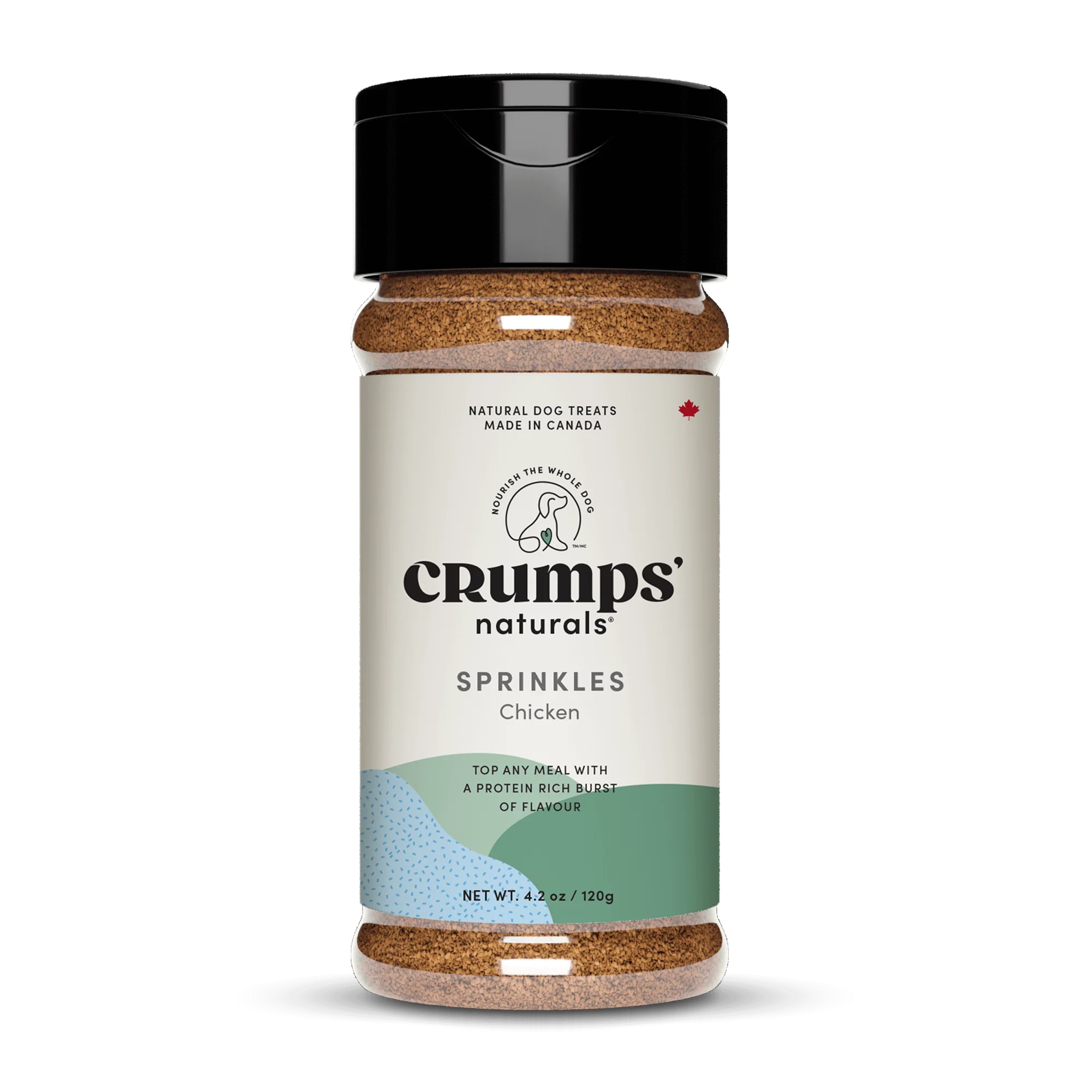 A close-up of Crumps - Chicken Sprinkles packaging, highlighting 100% real chicken, high-protein benefits, and meal-enhancing properties.