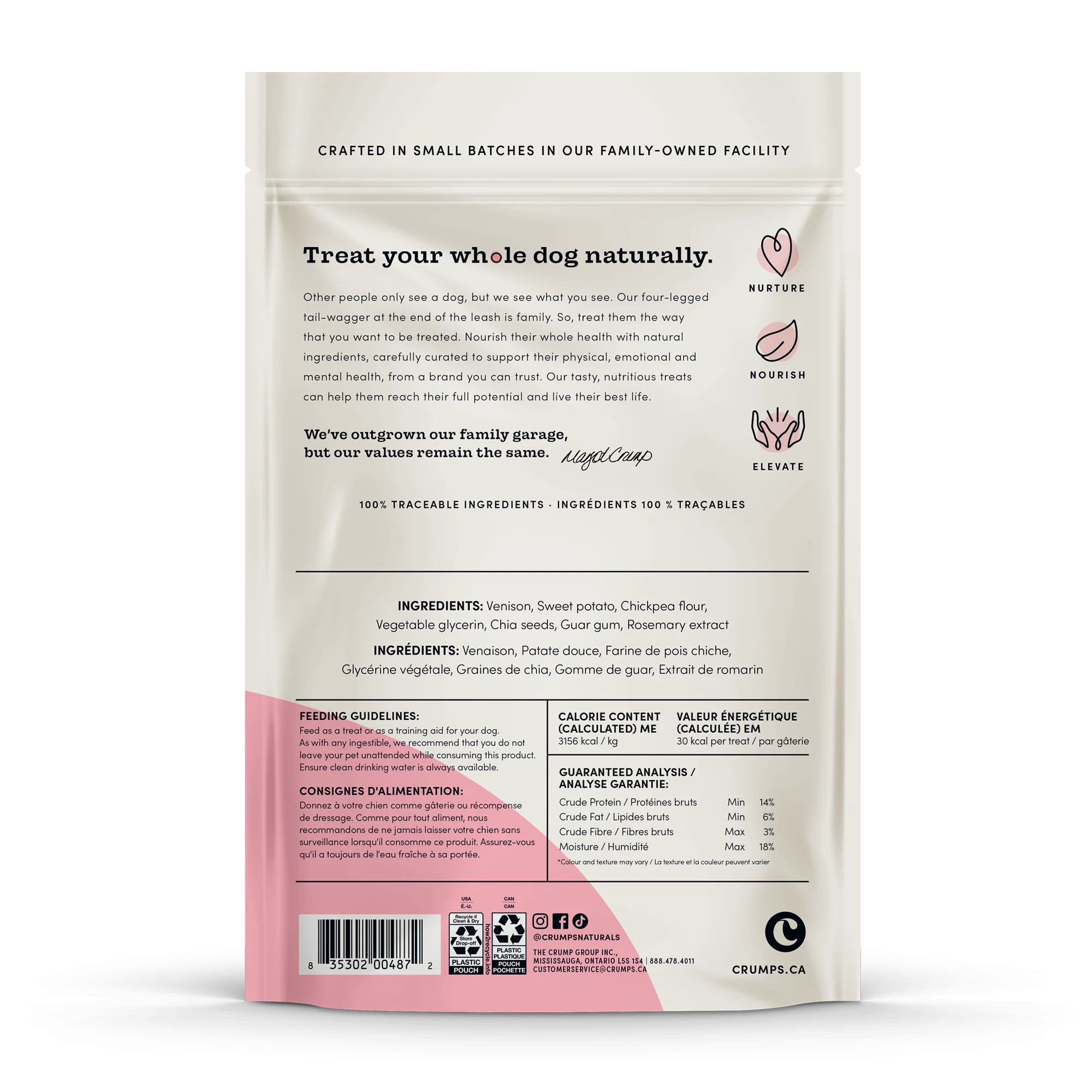 Detailed view of the ingredients and guaranteed analysis, showcasing the high-protein content, omega-3s, and absence of artificial additives.