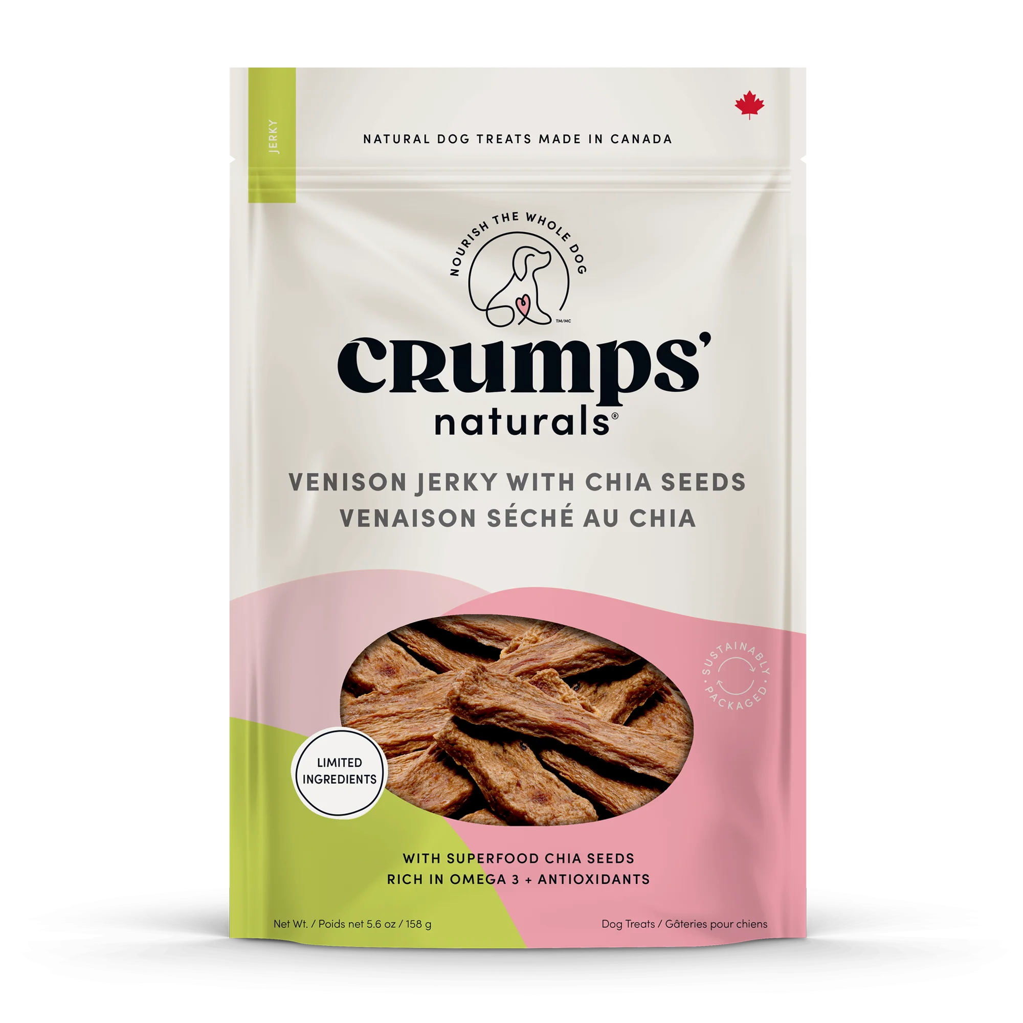 A close-up of Crumps - Venison Jerky with Chia Seeds packaging, highlighting the premium venison, chia seed infusion, and hypoallergenic benefits.