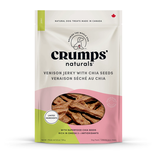 A close-up of Crumps - Venison Jerky with Chia Seeds packaging, highlighting the premium venison, chia seed infusion, and hypoallergenic benefits.