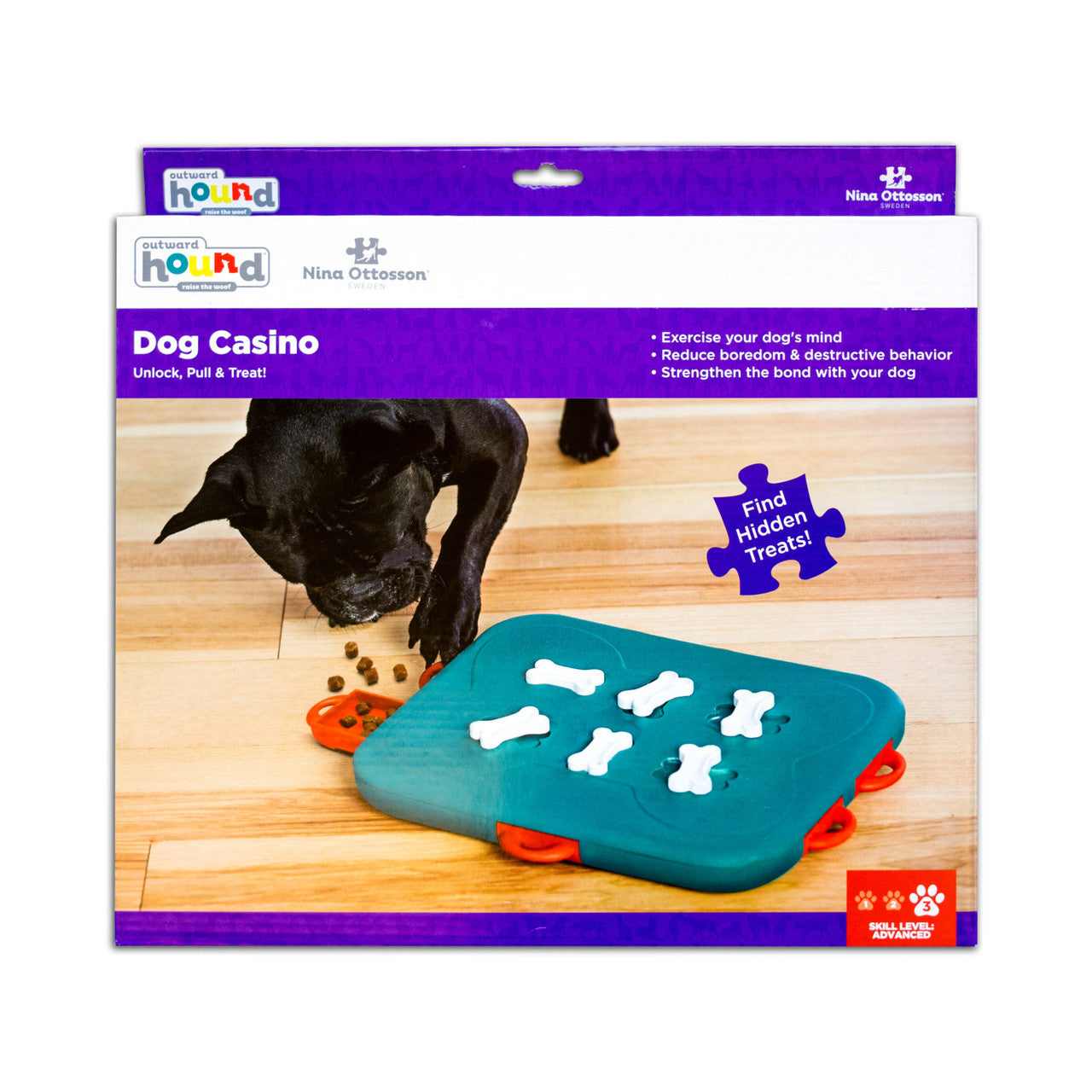 The Nina Ottosson Dog Casino in its packaging, highlighting the advanced Level 3 difficulty and brain-boosting benefits.