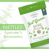 Green Juju Freeze-Dried Just Greens Blend with Nettles bag, highlighting nettles as a natural Benadryl for dogs.