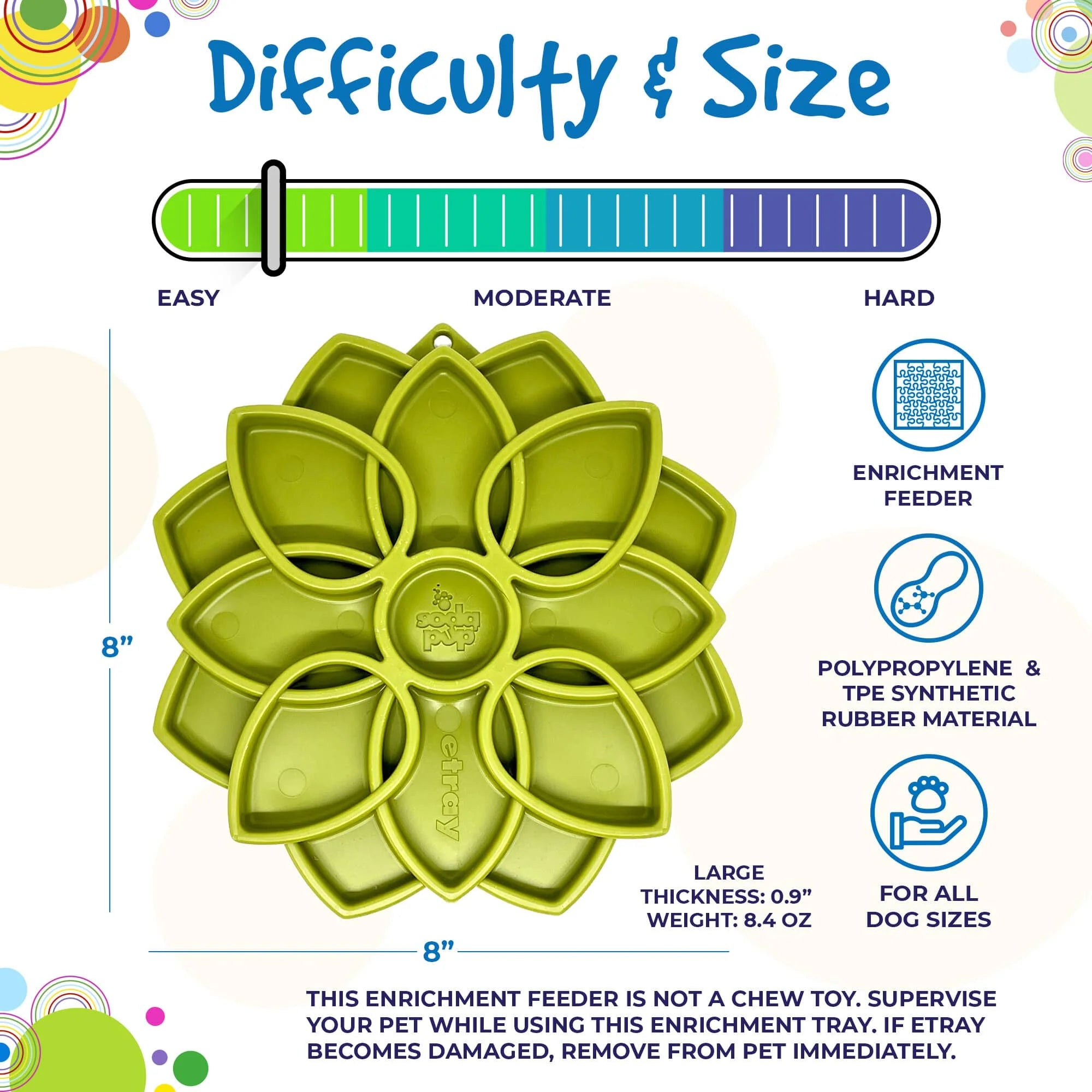 An image showing the Soda Pup Mandala Slow Feeder with measurements, illustrating its size and the challenging mandala pattern that promotes slower, more mindful eating for dogs of all sizes.