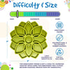An image showing the Soda Pup Mandala Slow Feeder with measurements, illustrating its size and the challenging mandala pattern that promotes slower, more mindful eating for dogs of all sizes.