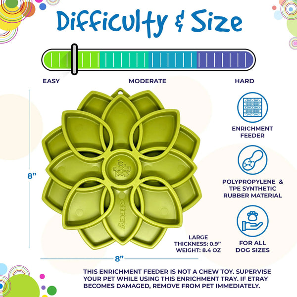 An image showing the Soda Pup Mandala Slow Feeder with measurements, illustrating its size and the challenging mandala pattern that promotes slower, more mindful eating for dogs of all sizes.