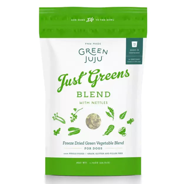Front view of Green Juju Freeze-Dried Just Greens Blend with Nettles bag, highlighting organic ingredients and superfood benefits.
