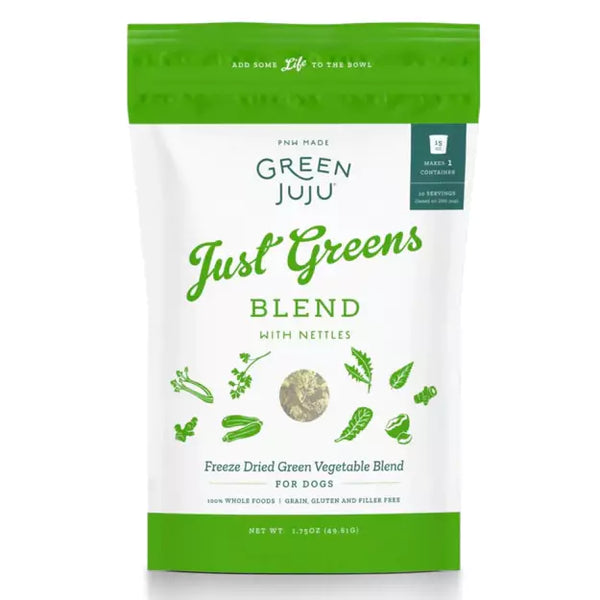 Front view of Green Juju Freeze-Dried Just Greens Blend with Nettles bag, highlighting organic ingredients and superfood benefits.