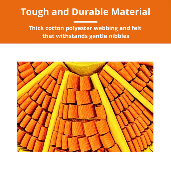 "Close-up of Pawz N Dogz Snuffle Mat material featuring dense cotton polyester webbing and thick felt for durability."